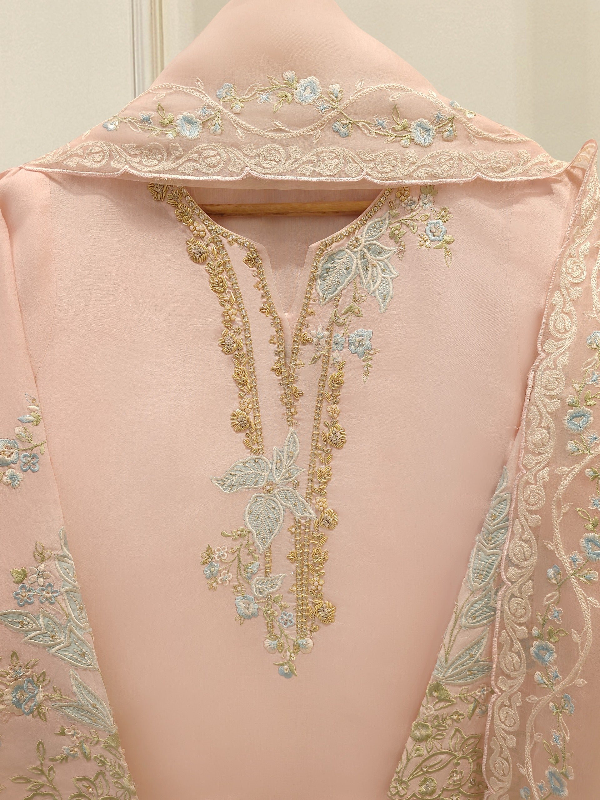 3 Piece- Pure Khadi Silk Embroidered Suit S112336 - Image 2