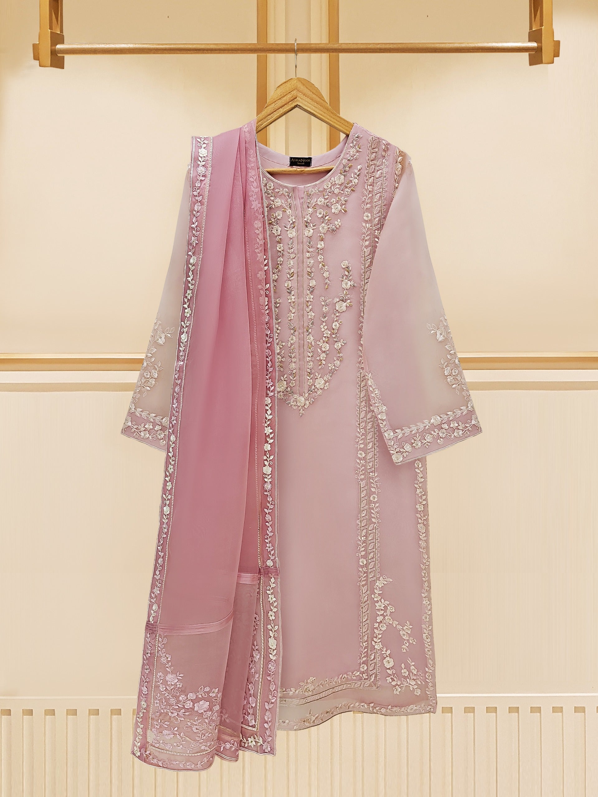 3 Piece - Pure Organza Embroidered Suit S109496