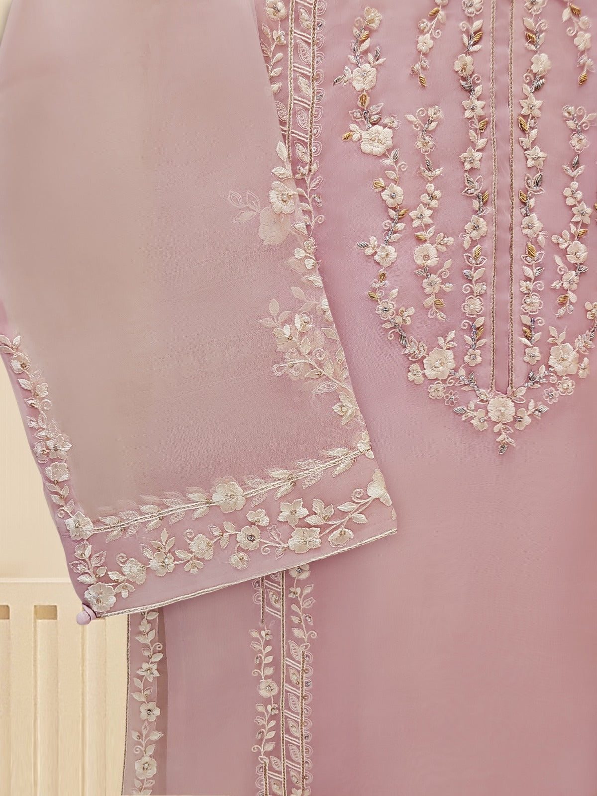 3 Piece - Pure Organza Embroidered Suit S109496 - Image 4