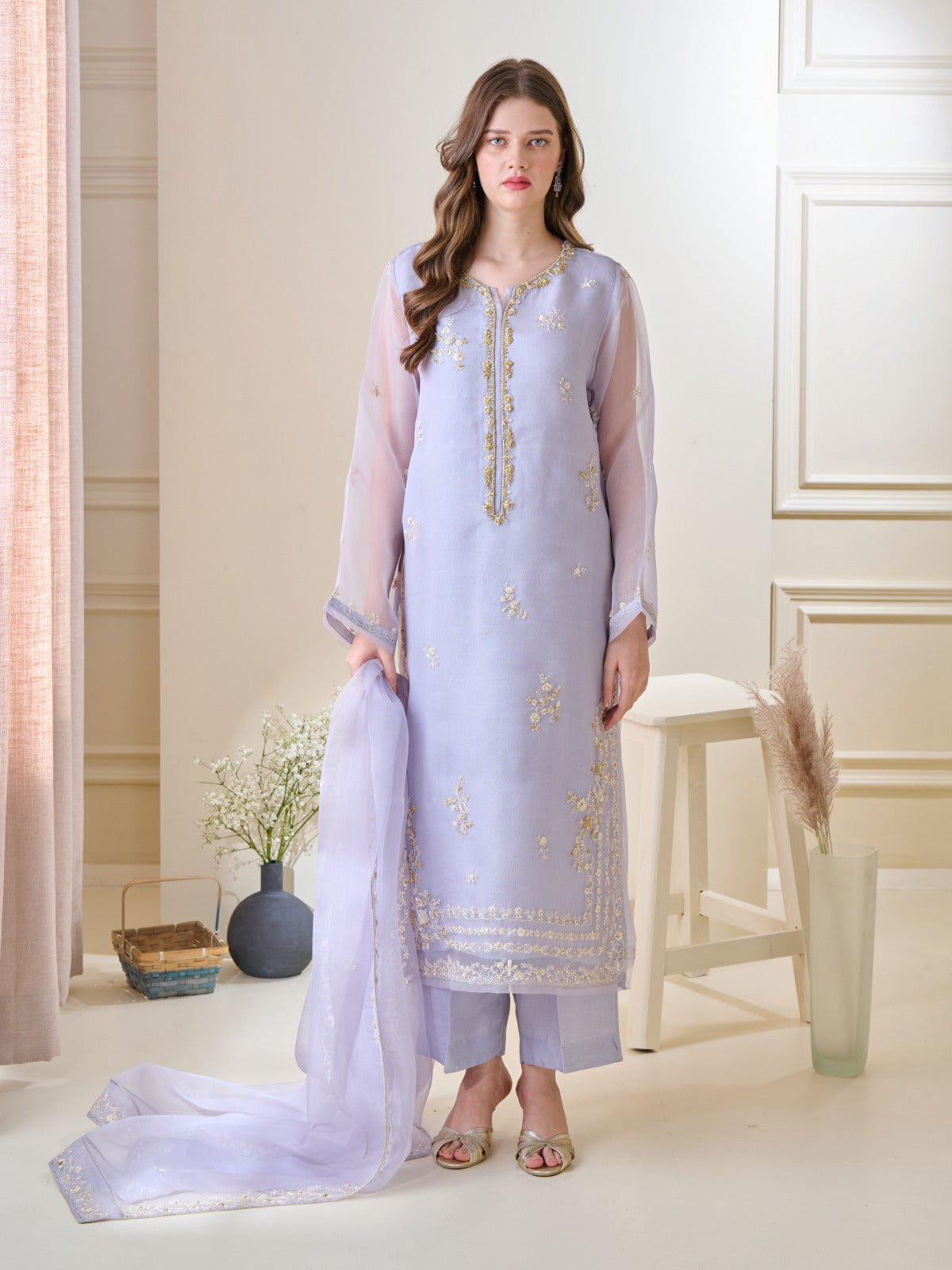 3 Piece - Pure Organza Embroidered Suit S110143 - Image 3