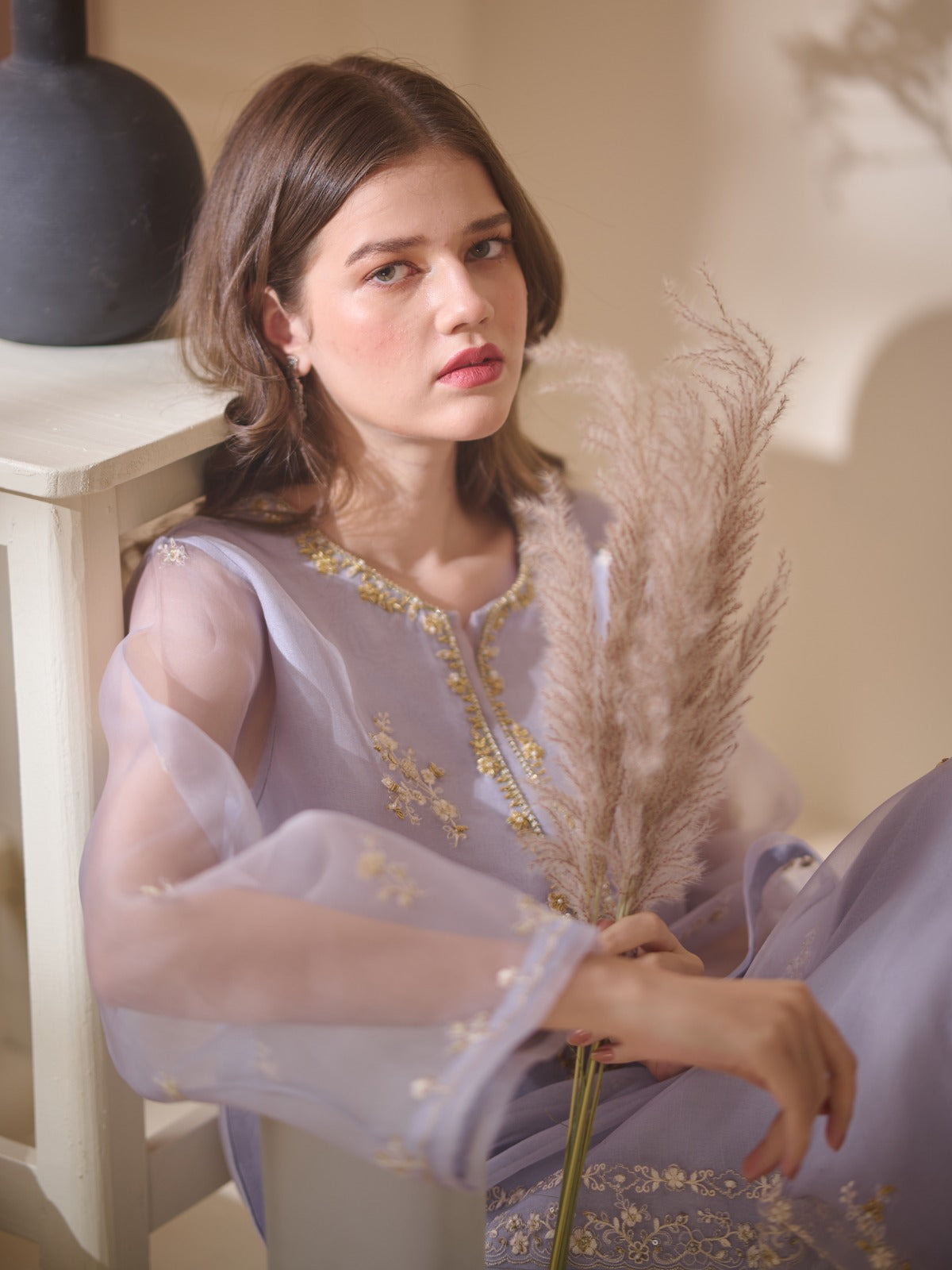 3 Piece - Pure Organza Embroidered Suit S110143 - Image 5
