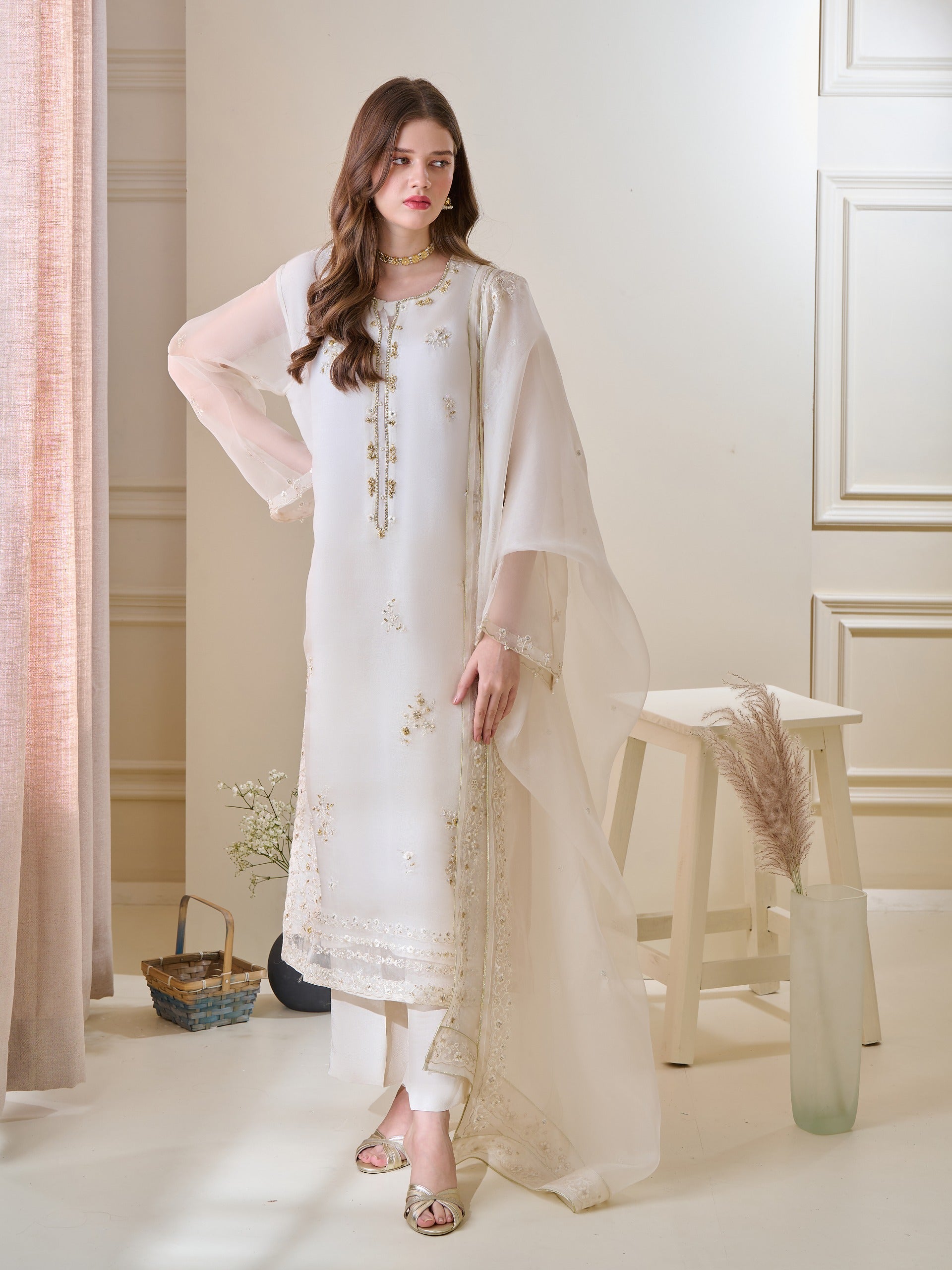 3 Piece - Pure Organza Embroidered Suit S110162