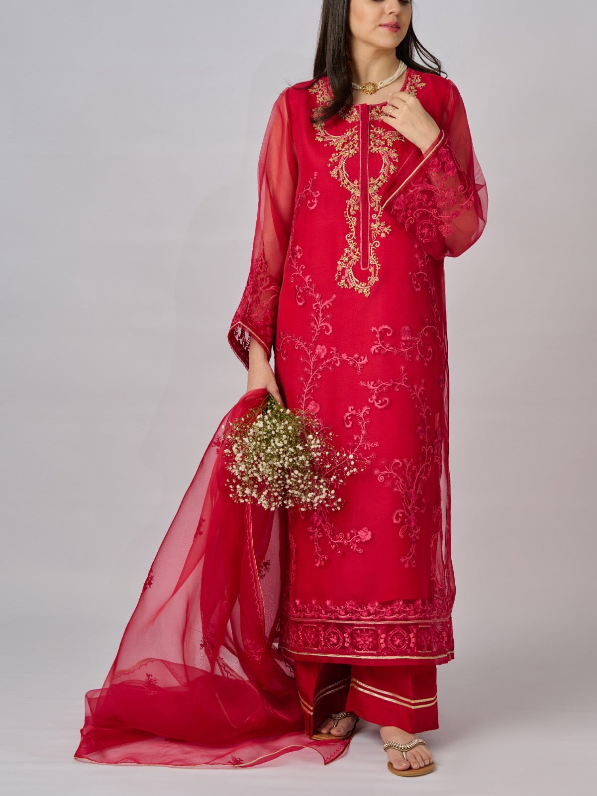 3 Piece - Pure Organza Embroidered Suit S110348