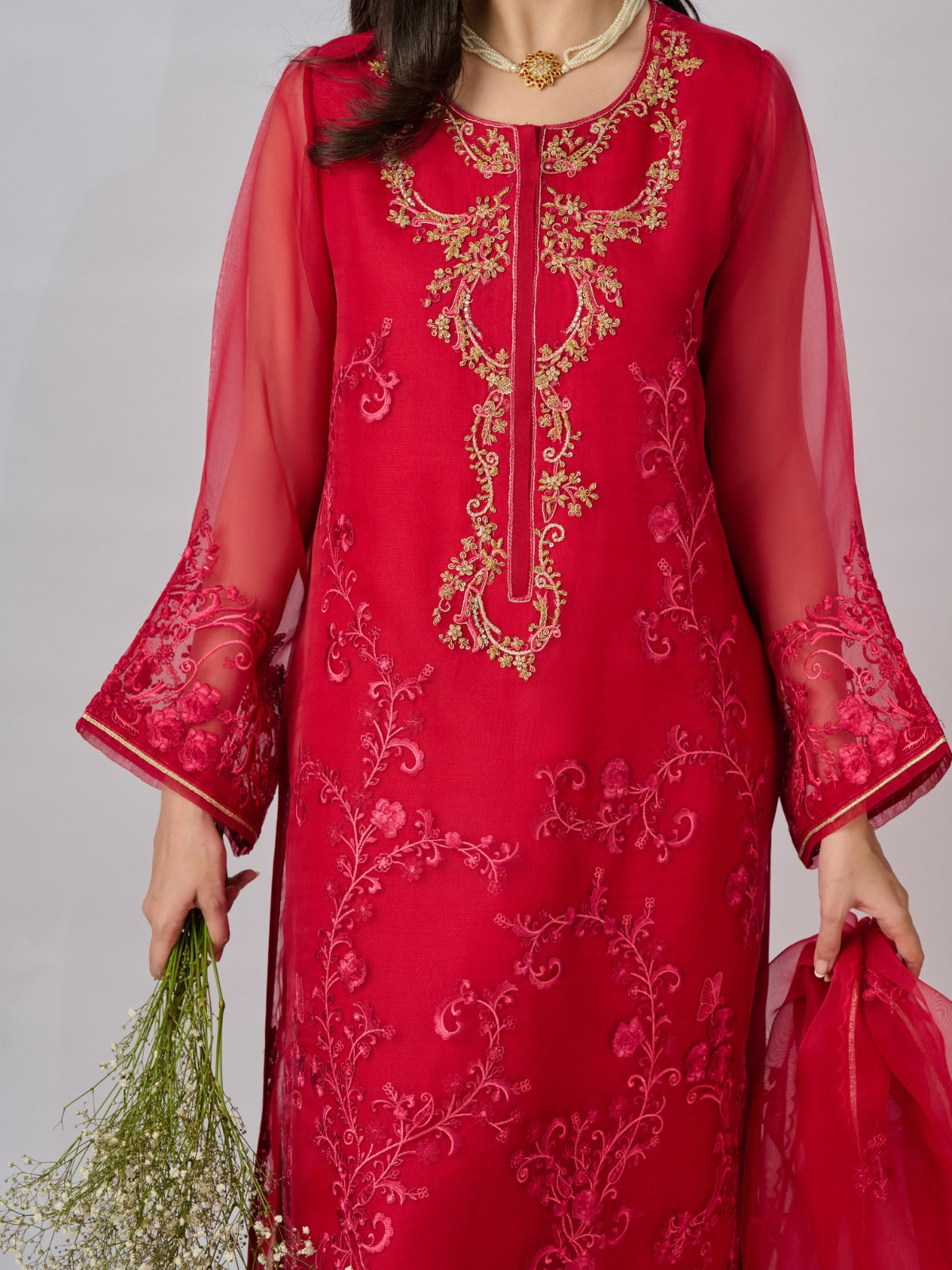 3 Piece - Pure Organza Embroidered Suit S110348 - Image 2
