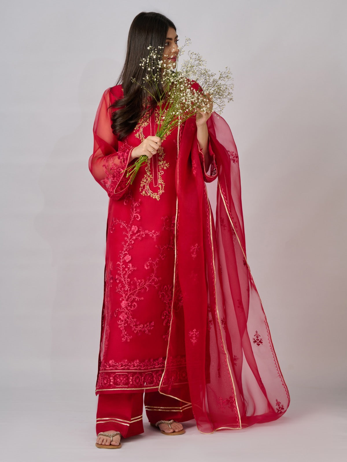 3 Piece - Pure Organza Embroidered Suit S110348 - Image 5