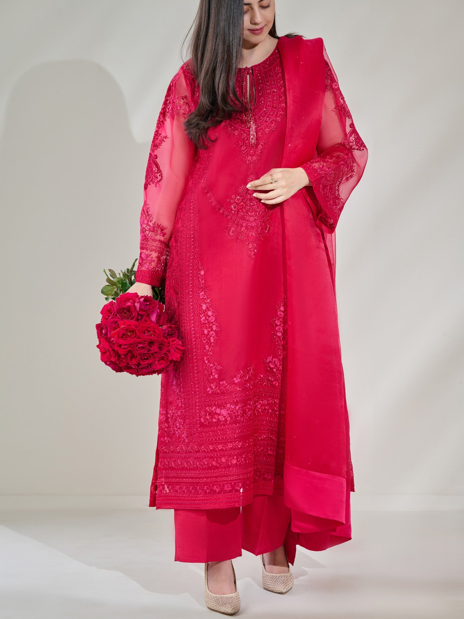 3 Piece - Pure Organza Embroidered Suit S110427 - Image 2