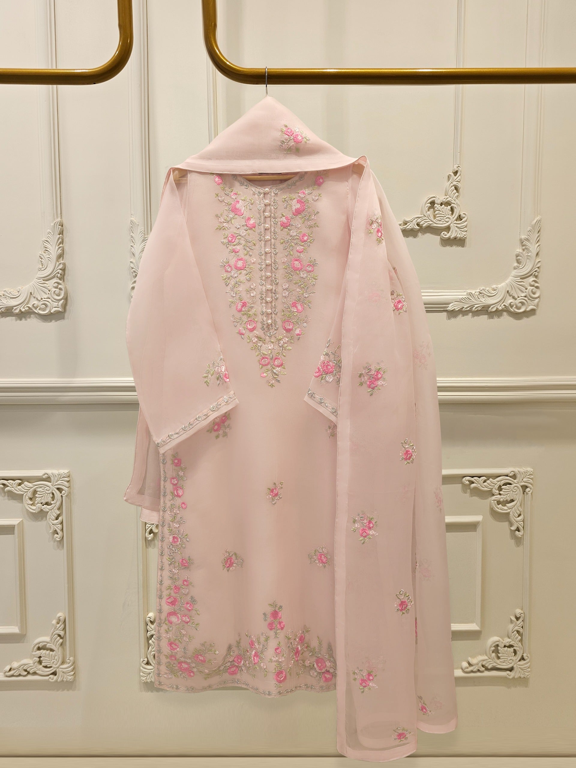 3 Piece - Pure Organza Embroidered Suit S112430