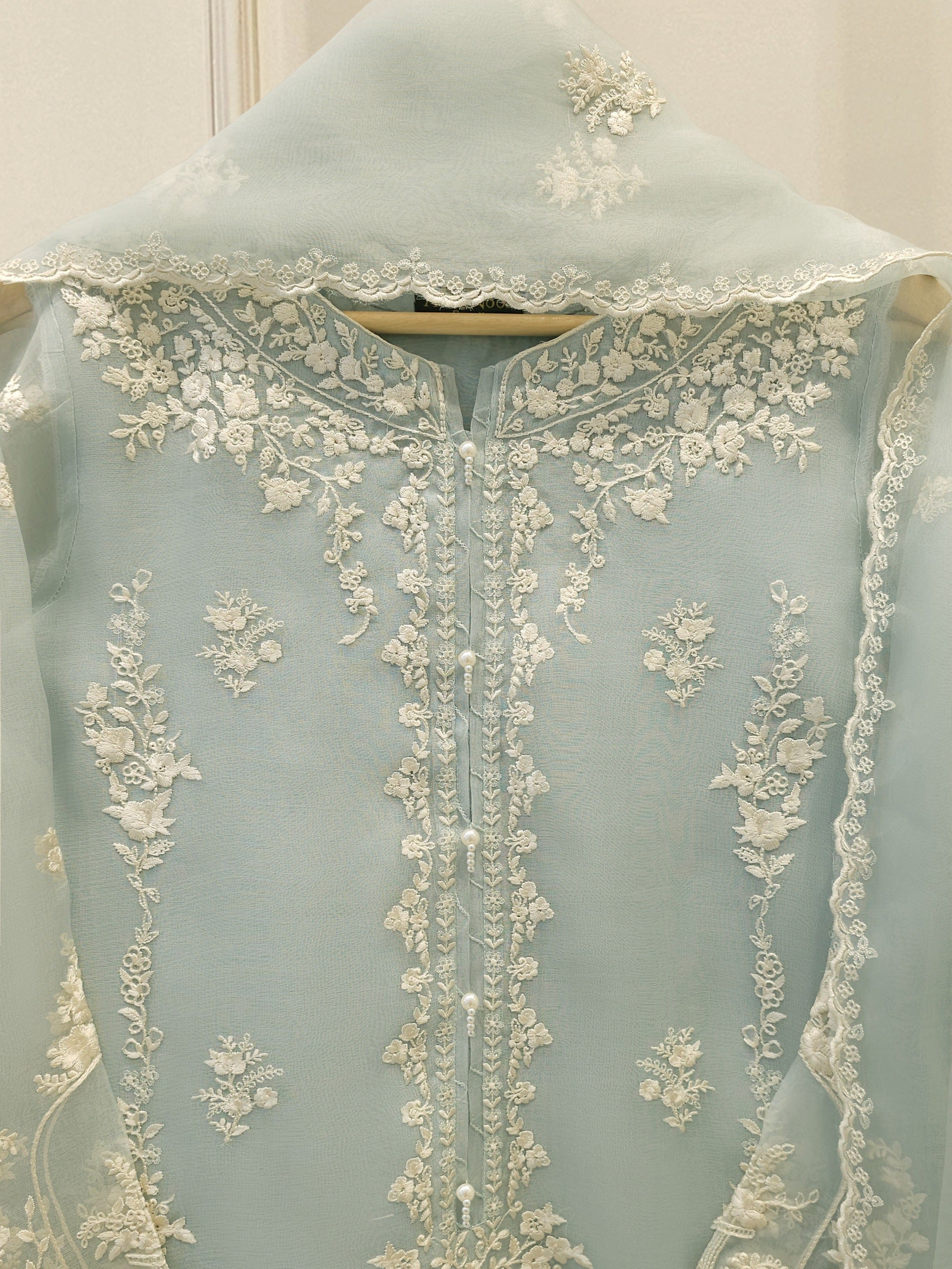3 Piece - Pure Organza Embroidered Suit S112447 - Image 2