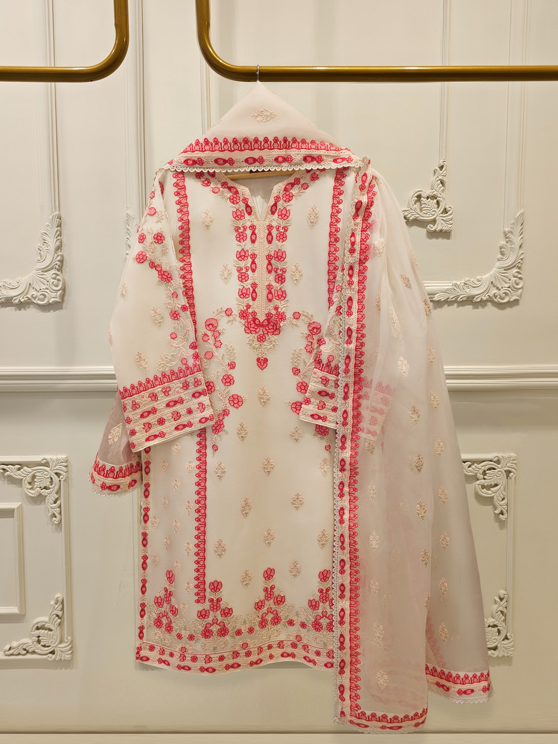 3 Piece - Pure Organza Embroidered Suit S113025