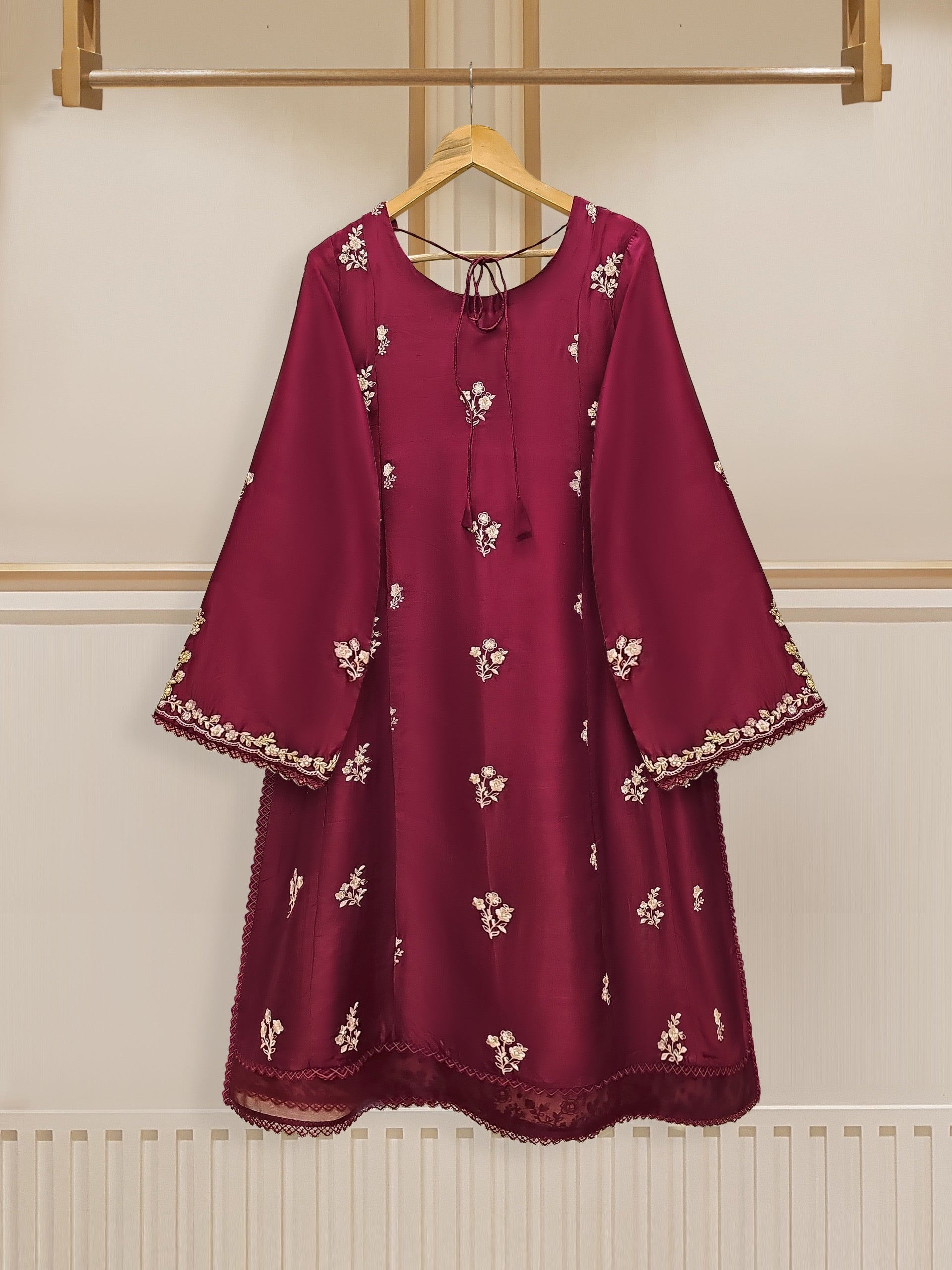 3 Piece - Pure Raw Silk Embroidered Suit S109771 - Image 3