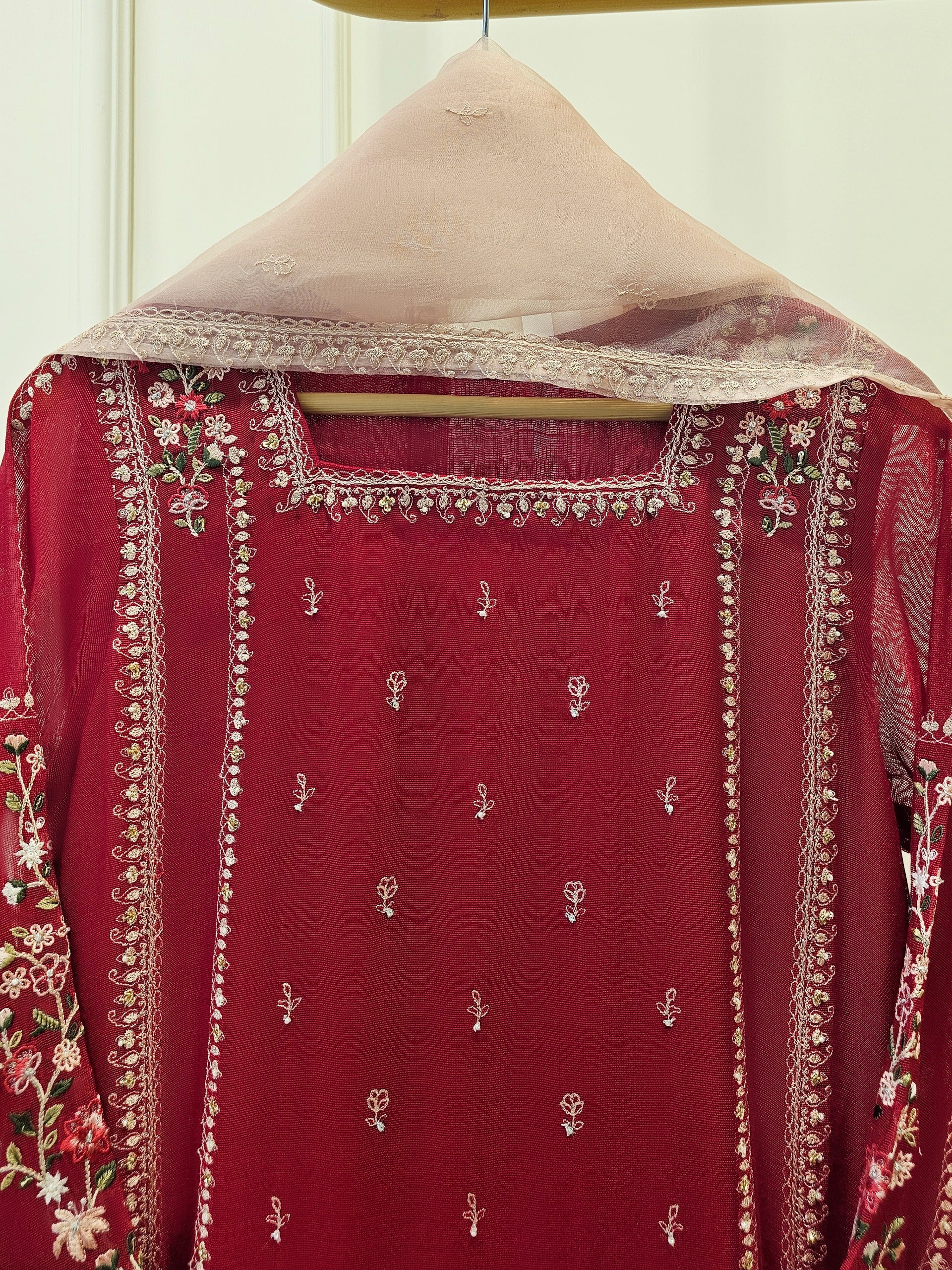 3 Piece- Pure Cotton Net Embroidered Suit S111589 - Image 2