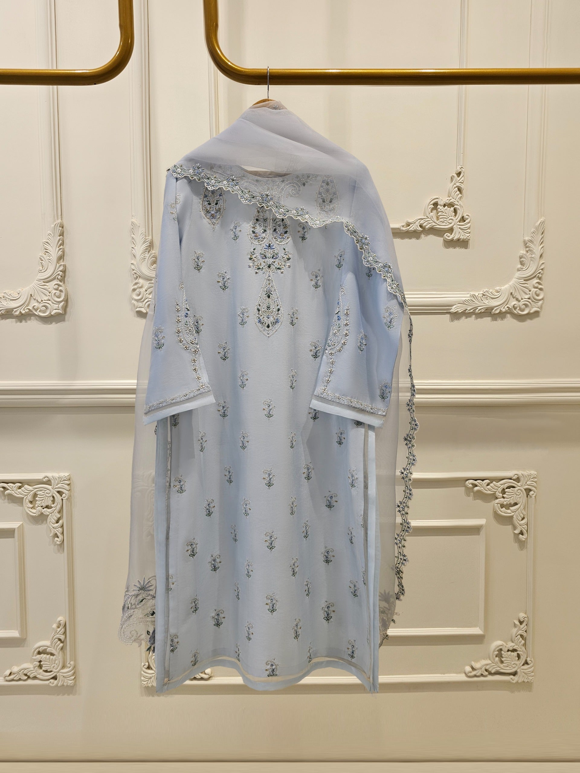 3 Piece- Pure Silk Net Embroidered Suit S111615