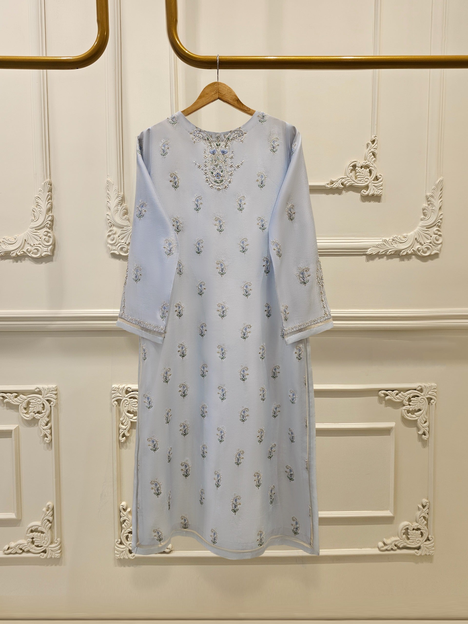 3 Piece- Pure Silk Net Embroidered Suit S111615 - Image 5