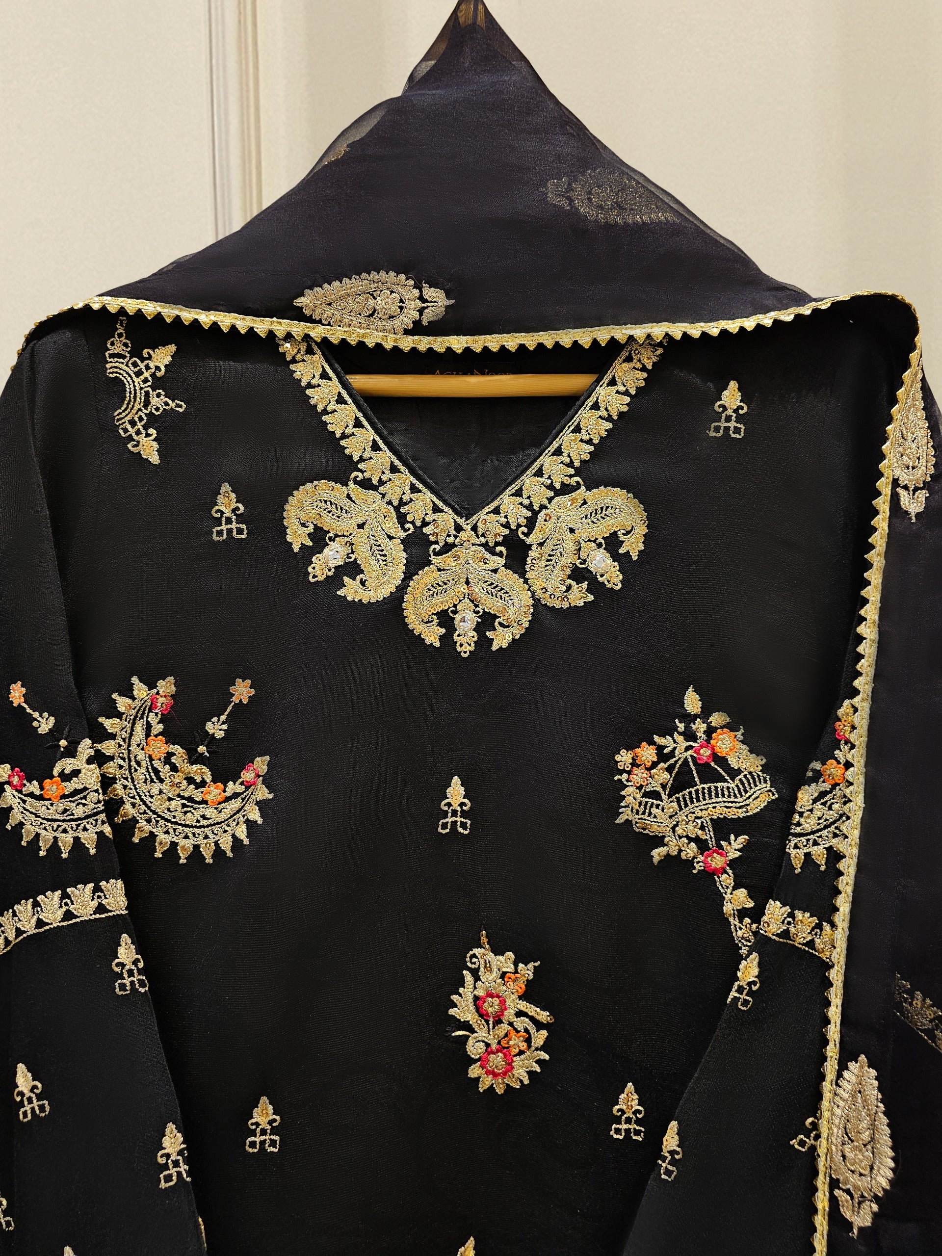 3 Piece- Pure Silk Net Embroidered Suit S111669 - Image 2