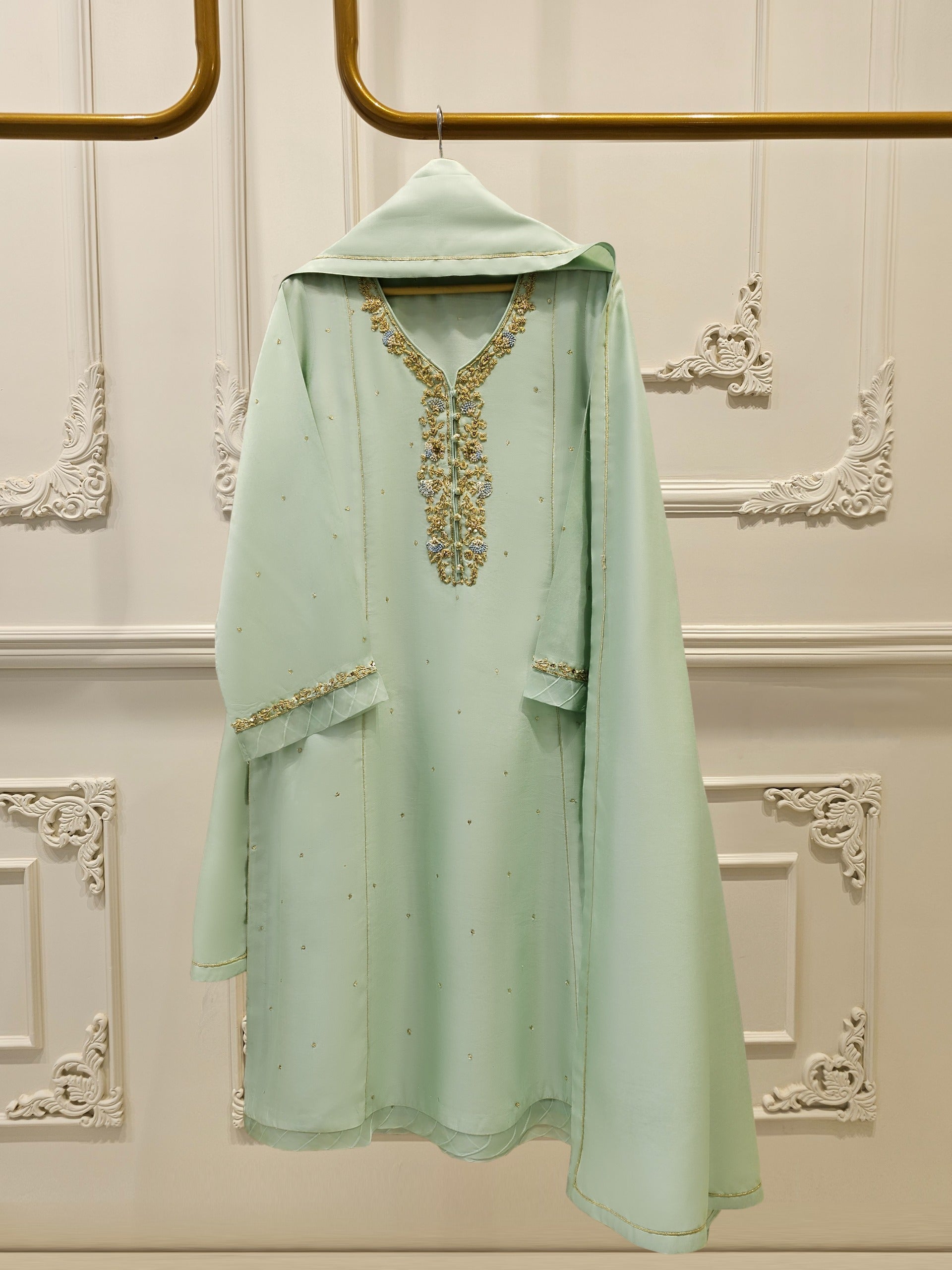 3 Piece- Pure Silk Net Embroidered Suit S111684