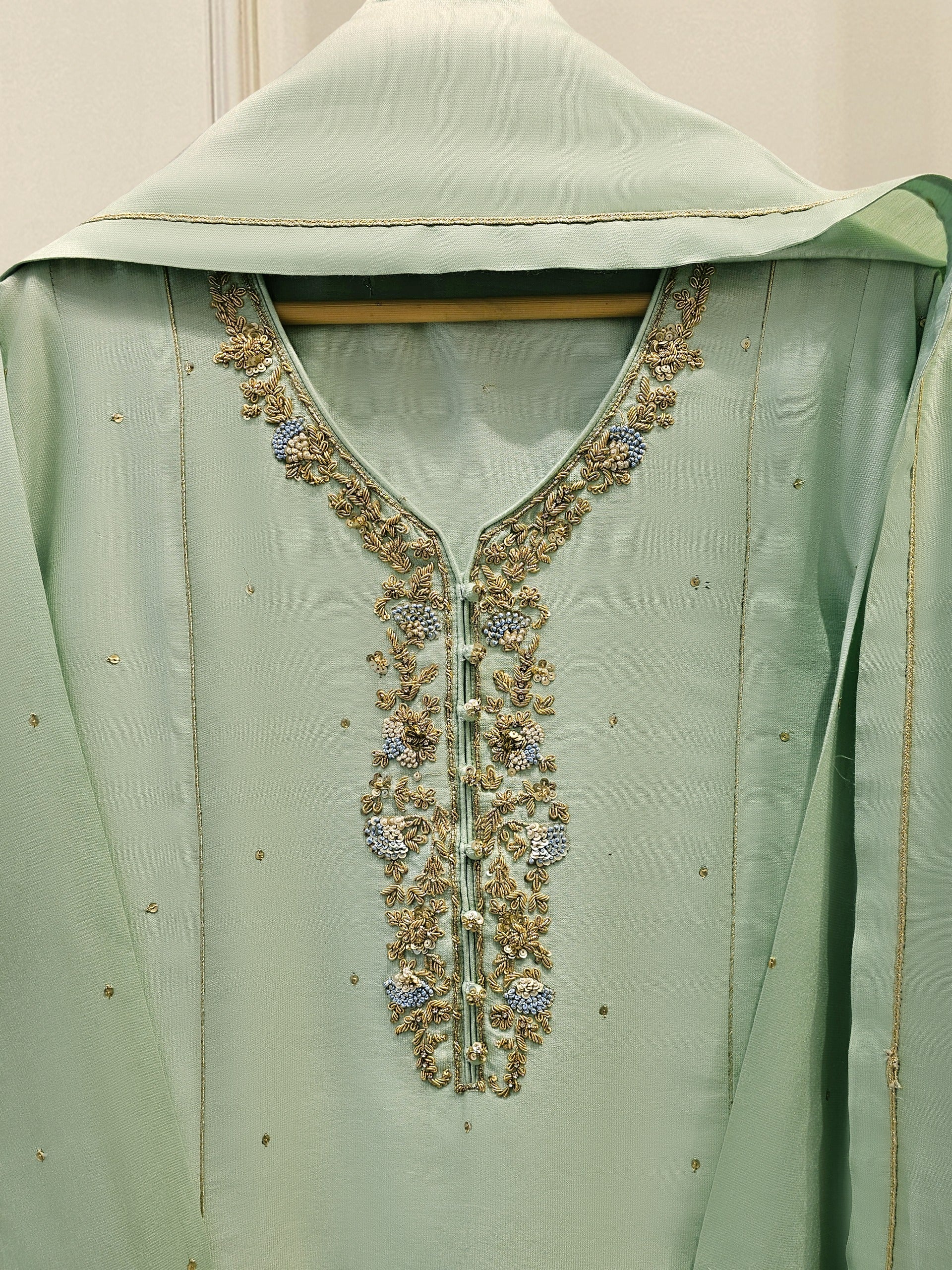 3 Piece- Pure Silk Net Embroidered Suit S111684 - Image 2