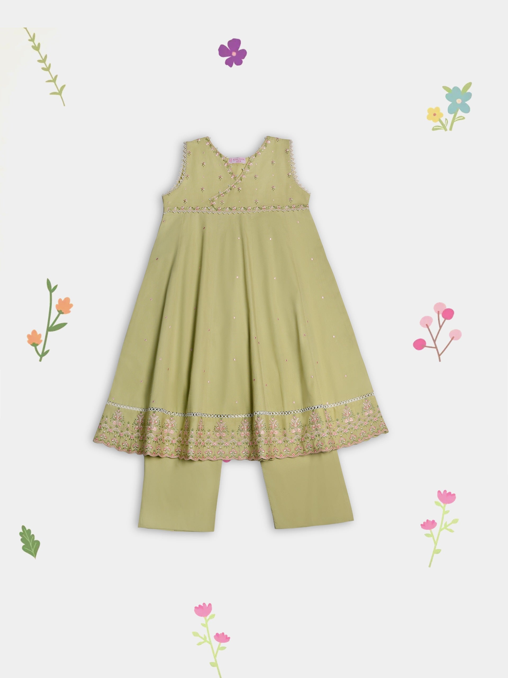 (Kids) 2 Piece - Embroidered Cambric Suit FKD-091 - Image 3