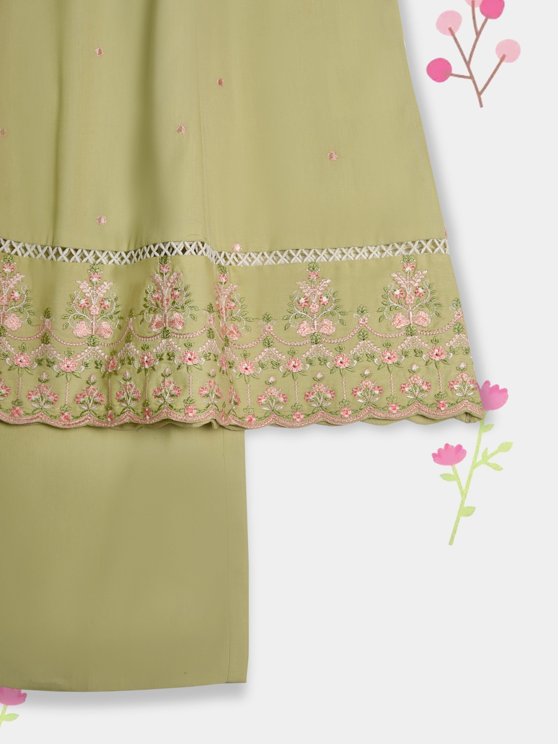 (Kids) 2 Piece - Embroidered Cambric Suit FKD-091 - Image 4